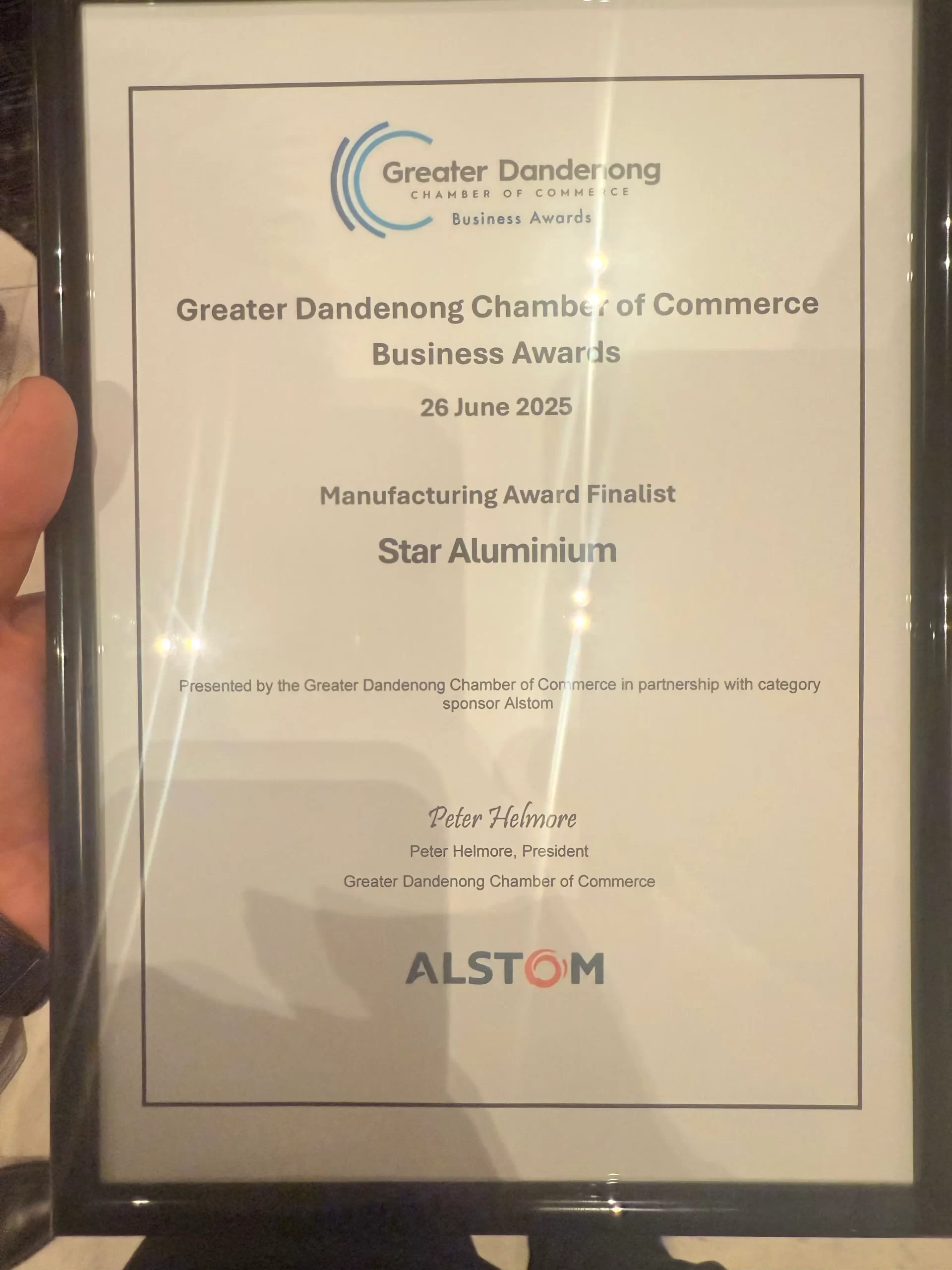 Star Aluminium Manufacturing Award Finalist Certificate